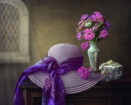 Time to wear hats - purple, bow, hat, pink, still life, flower, daykiney, vase