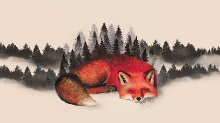 Sleeping Fox - fox, trees, shadows, firefox, wild, red fox, firefox persona theme