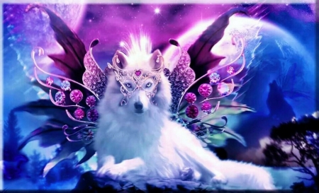 Night Angel - flowers, art, wolf, wings