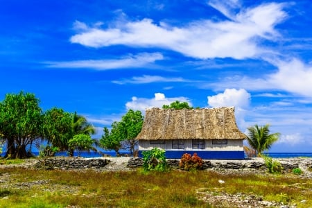 Tropics Houses - tropics, houses, clouds, island, trees, sea, nature