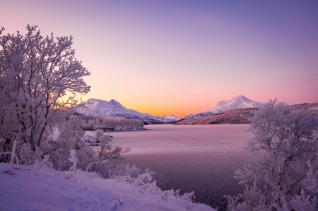 Lakes Near Mountains - trees, winter, nature, snow, lake, mountains, sky