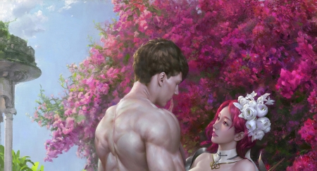 Lovers - blossom, girl, spring, pink, man, fantasy, couple, art, g zen, luminos