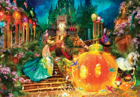 At the midnight hour - aimee stewart, girl, pumpkin, luminos, blue, cinderella, orange, fantasy