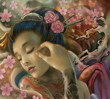 Girl - sakura, geisha, blossom, pink, tatto, fantasy, hand, art, asian, luminos