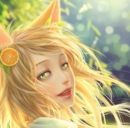 Golden days - cat, girl, esty swandana, frumusete, pisica, fantasy, fruit, face, fox, yellow, luminos, orange, slice