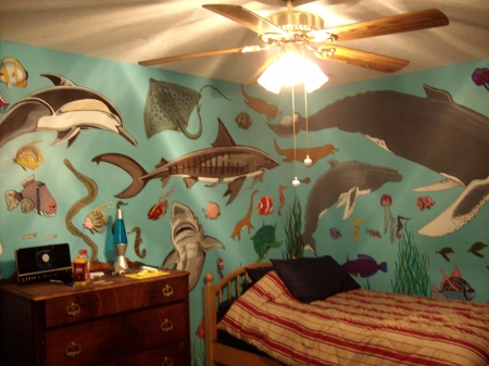 My son's bedroom! Painted by me and a friend!! - fun, dolphins, fish, whales