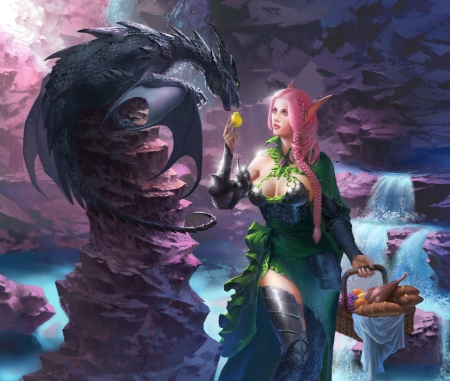 Something sweet - elf, girl, pear, duan wei, fantasy, fruit, art, pink, luminos, dragon, food