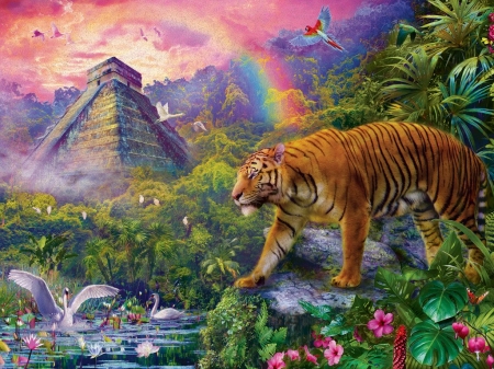 Tiger - rainbow, fantasy, tigru, bird, painting, art, maya, luminos, animal, pictura, green, adrian chesterman, tiger, temple, flower