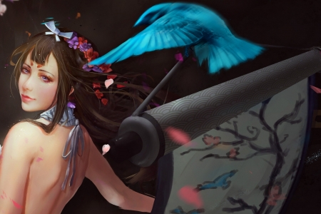 Onmyoji - girl, frumusete, onmyoji, black, fantasy, bird, pink, petals, luminos, blue