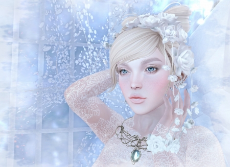 Winter girl - winter, blue, girl, fantasy, white, rendering, iarna, susanne drechsler, luminos