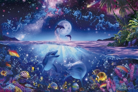 Moonlight - moon, water, summer, blue, dolphin, sea, pink, pictura, fantasy, painting, fish, art, luminos, luna