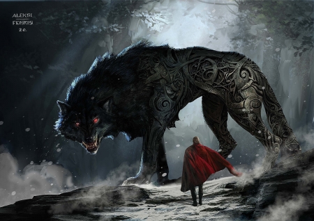 Ragnarok - wolf, thor, ragnarok, man, black, fantasy, red, fenris, aleksi briclot, art, luminos