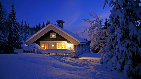 Cabin in Winter - season, firs, evening, snow, light, mountains