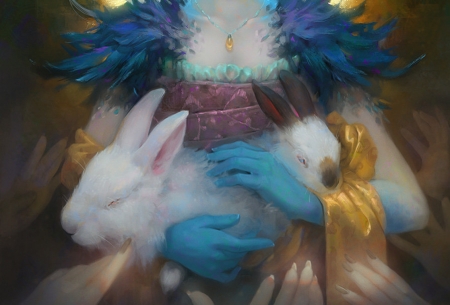 Moon's bunnies - moon, bunny, goddess, fantasy, svetlana tebyakina, white, art, rabbit, yellow, hand, blue, luminos, luna