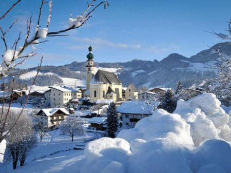 Village in Tyrol, Austria - houses, church, landscape, snow, winter, mountains