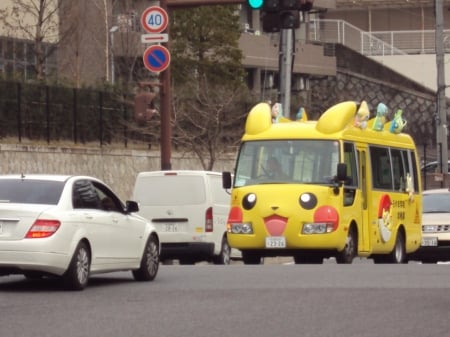 Pikachu Bus - Yellow, Bus, Buildings, Pikachu, Cars, Transport, Travel, City