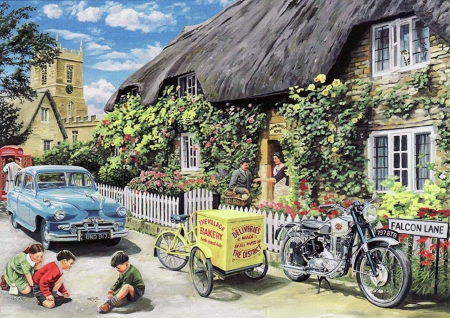 Falcon Lane - fifties, marbles, tricycle, car, cottage, church, phone box, motorbike