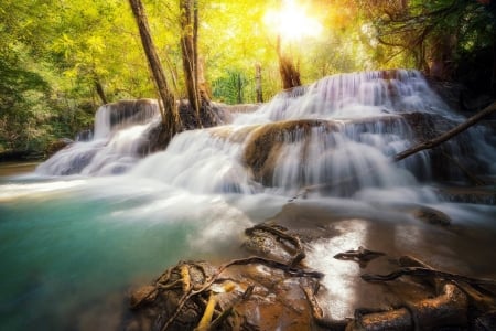 waterfall - fun, sunset, nature, waterfall, forest, cool