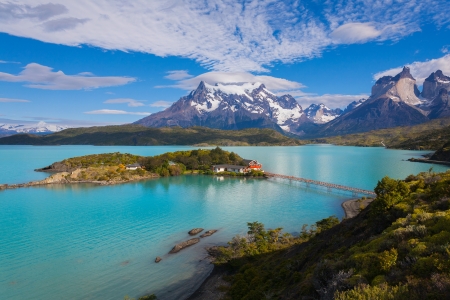 Lake Mountains - clouds, nature, island, lake, mountains, sky