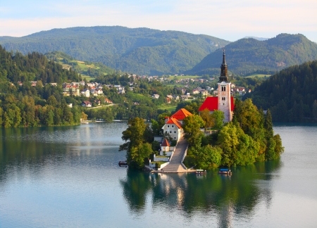 Houses on the Island - nature, lake, houses, trees, island, mountains, medieval