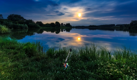 Landscape with the River - clouds, river, trees, sunset, nature, fishing, landscape, sky