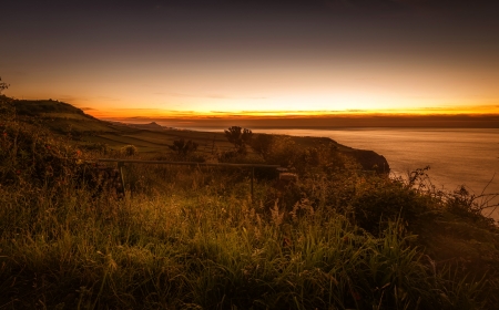 Coastal Sunset - nature, sky, landscape, sunset, grass, coast