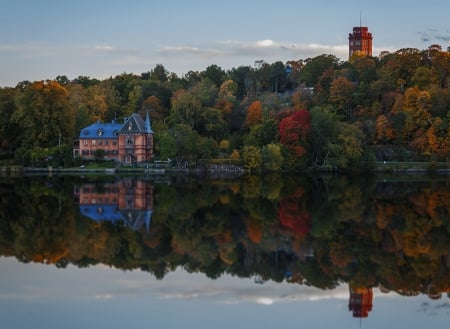 Houses in Sweden - lake, forest, houses, reflection, river, trees, nature