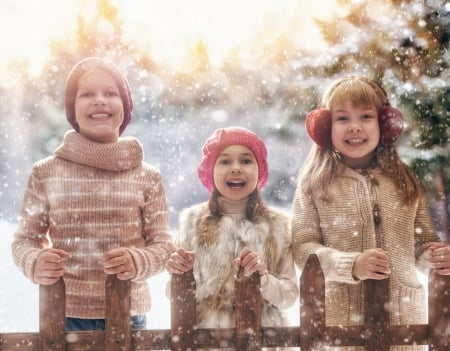 Happy girls - hat, girl, winter, copil, trio, children, pink, mood, smile, cute, happy