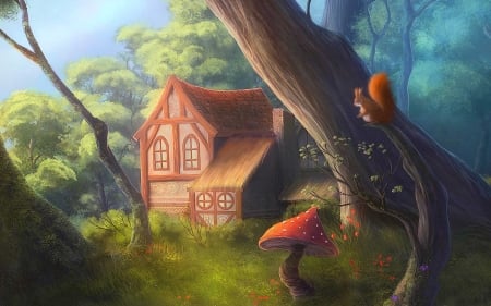 Cottage - red, fantasy, squirrel, cottage, mushroom, art, green