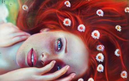 Redhead - redhead, eyes, frumusete, daisy, freckles, fantasy, face, art, hand, luminos, red, blue, flower