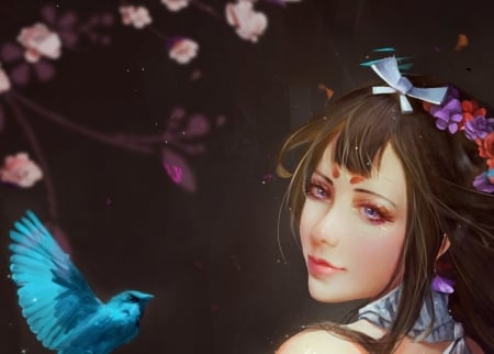 Onmyoji - bird, onmyoji, sakura, blue, blossom, girl, spring, flower, frumusete, fantasy, pasare, face, luminos