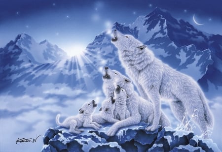 Wolves - howl, lup, iarna, winter, wolf, painting, white, art, blue, luminos, pictura, family