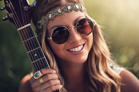 Beauty - hippie, girl, jewel, guitar, instrument, smile, hand, woman, model, face, sunglasses