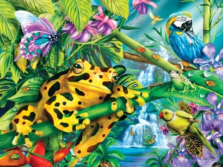 Yellow frog - papagal, frog, colorful, fantasy, pasare, bird, art, butterfly, yellow, parrot, blue, green, flower