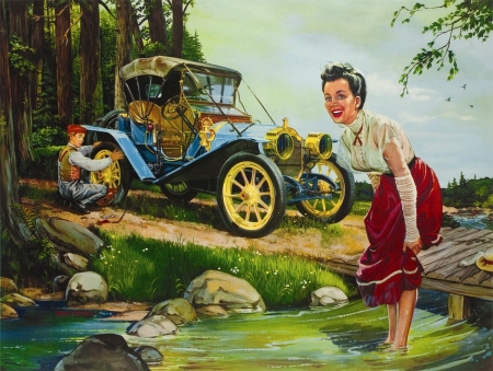 Handy man to have around - water, bob pettes, girl, man, vintege, pictura, retro, car, red, painting, woman, art