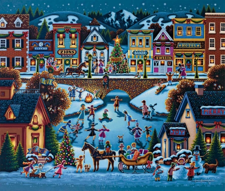 Hometown Christmas - ice, painting, craciun, art, blue, eric dowdle, pictura, christmas