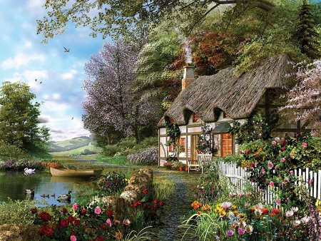 Cottage - pictura, swan, painting, lake, art, cottage