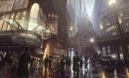 Steampunk City - street, art, people, cars, buildings