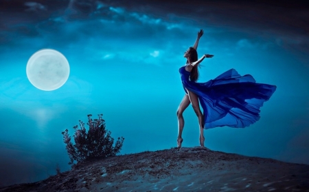 Dancing in Moonlight - moon, outddors, feminine, evening, blue, fashion, model