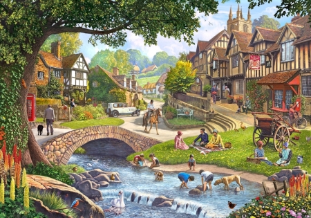 Picnic By The River - river, horse, car, pub, church, phone box, cottages, bridge, flowers, water, picnic, cart