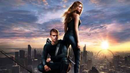 divergent - woman, man, city, divergent, sunset