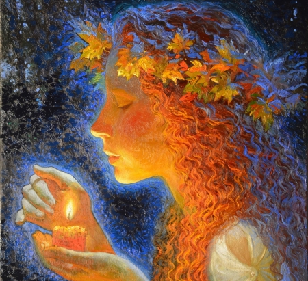 Autumn light - girl, victor nizovtsev, art, candle, pictura, light, leaf, orange, hand, painting, autumn