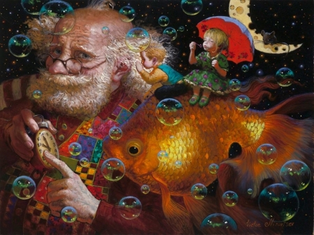 Time to sleep - summer, night, child, grandfather, umbrella, golden, art, luminos, luna, moon, old man, girl, fantasy, pictura, victor nizovtsev, painting, bubbles, cute, fish