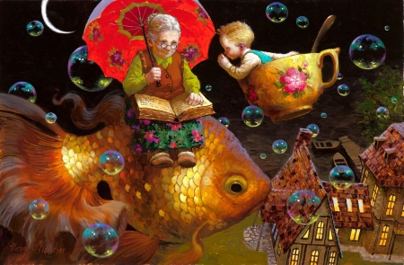 Grandmother's tales - bubbles, fantasy, black, painting, art, umbrella, luminos, luna, victor nizovtsev, moon, night, summer, child, copil, grandmother, cup, red, boy, pictura, fish