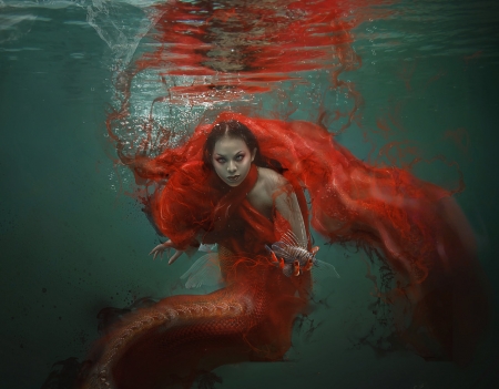 Zodiac ~ Pisces - zodiac, girl, water, vasylina, fantasy, pisces, blue, luminos, red, fish, sea