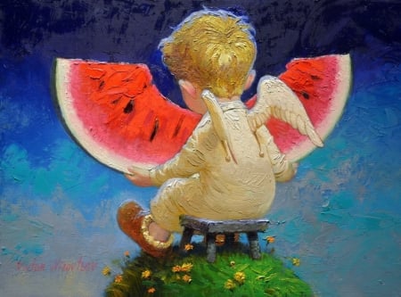 Watermelon ~ Angel boy - summer, red, child, copil, watermelon, victor nizovtsev, blue, art, wings, pictura, painting, angel, boy