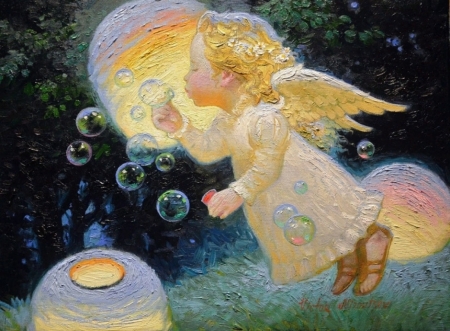 Angel - cute, bubbles, victor nizovtsev, art, wings, lantern, pictura, painting, angel, boy