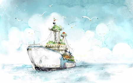 Ship - white, ship, art, cloud, draw, blue, summer, sea