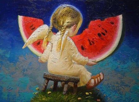 Watermelon ~ Angel girl - summer, red, child, copil, watermelon, girl, victor nizovtsev, art, wings, pictura, fruit, painting, angel