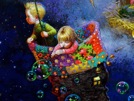 Childhood fantasy - girl, water, copil, bubbles, fantasy, painting, art, children, childhood, boy, red, blue, pictura, victor nizovtsev